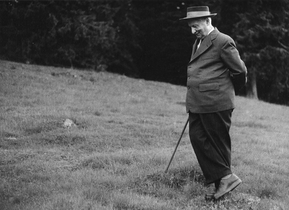 Martion Heidegger standing next to a forest with a walking stick